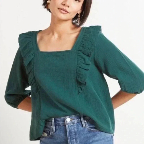 Evereve Francine Ruffle Gauze Square Neck Top Emerald Green Size Large - Picture 1 of 4